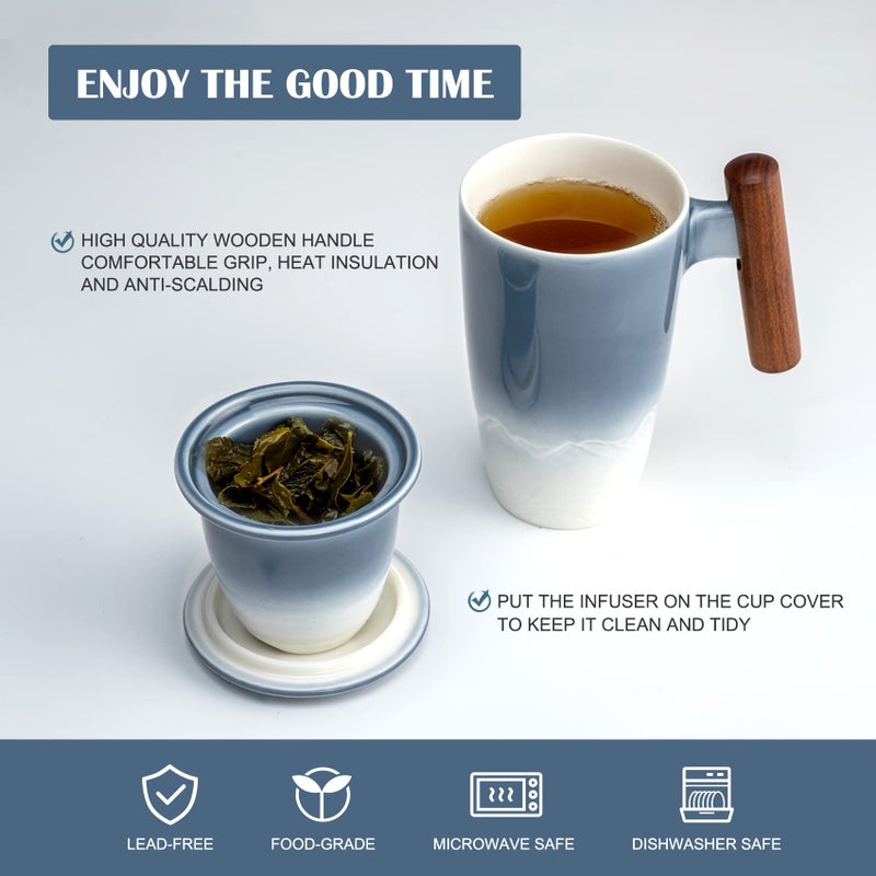 suyika Tomotime Tea Cup with Infuser and Lid 400ml Ceramic Tea Mugs Smooth Inner Wall Wooden Handle 13.5 oz,Blue - Image 3